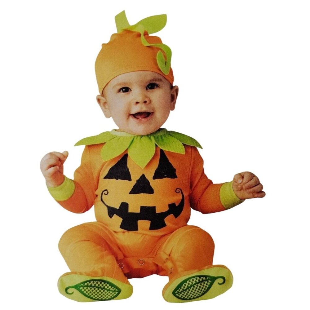 Infant 6-12 Months Pumpkin Jack-O-Lantern Jumpsuit and Cap Halloween Costume